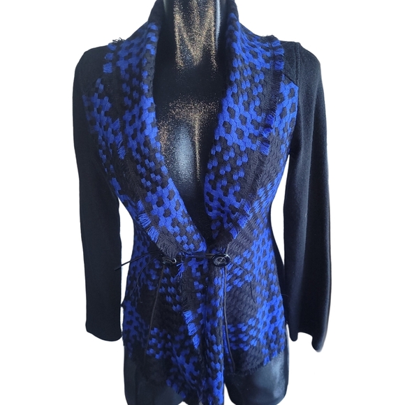 Vex Collection Black and Blue Checkered Belted Cardigan M - Picture 1 of 7